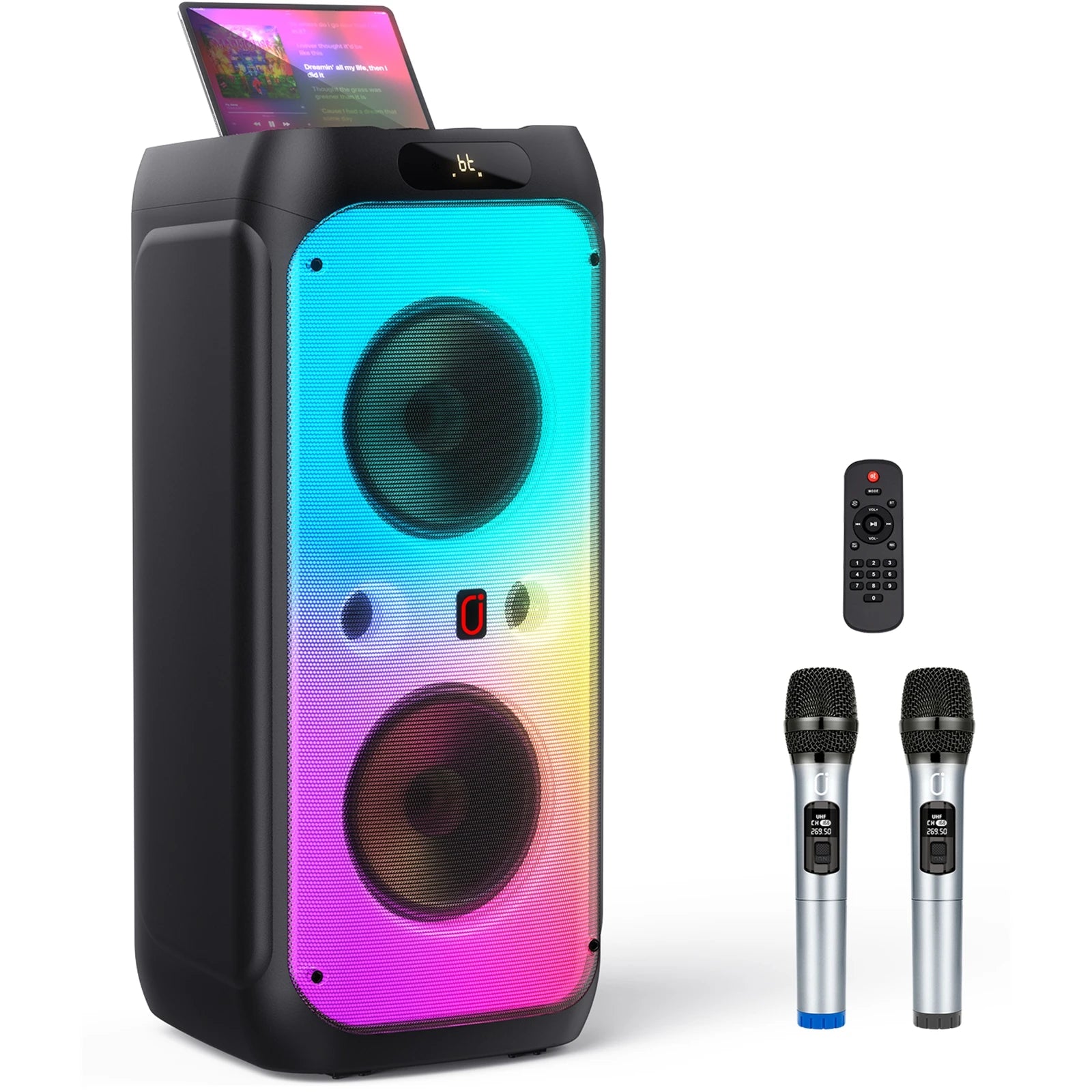 FanFun 500W Large Bluetooth Speaker, Wireless Speaker with LED Party Light, Karaoke Machine with 2 Microphones, Karaoke Speaker