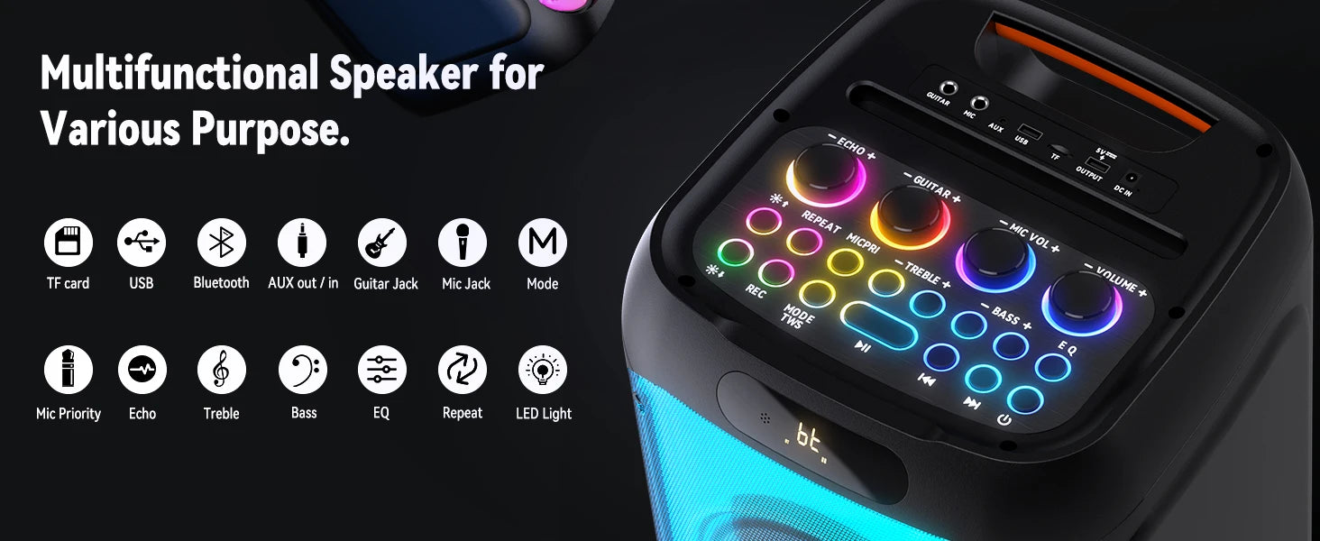 FanFun 500W Large Bluetooth Speaker, Wireless Speaker with LED Party Light, Karaoke Machine with 2 Microphones, Karaoke Speaker