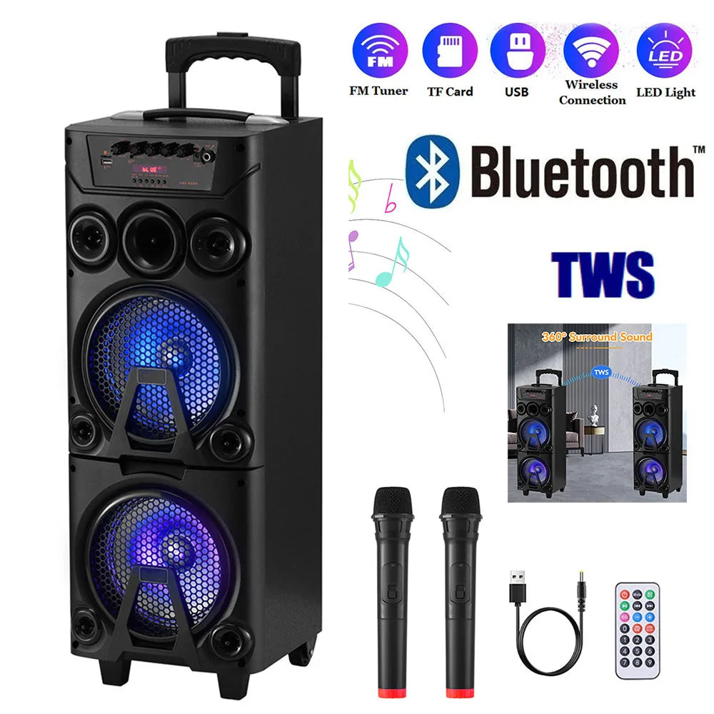 6000W Portable Bluetooth Speaker Heavy Bass Dual 8 " Subwoofer Sound System Party Led Light Rechargeable Outdoor  Speaker