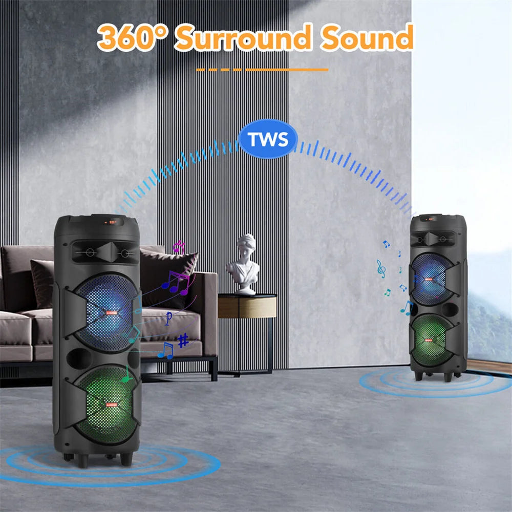 4000W Portable Bluetooth Speaker Dual 6.5" Woofer Sound System Party DJ With Microphone Remote Led Light TWS