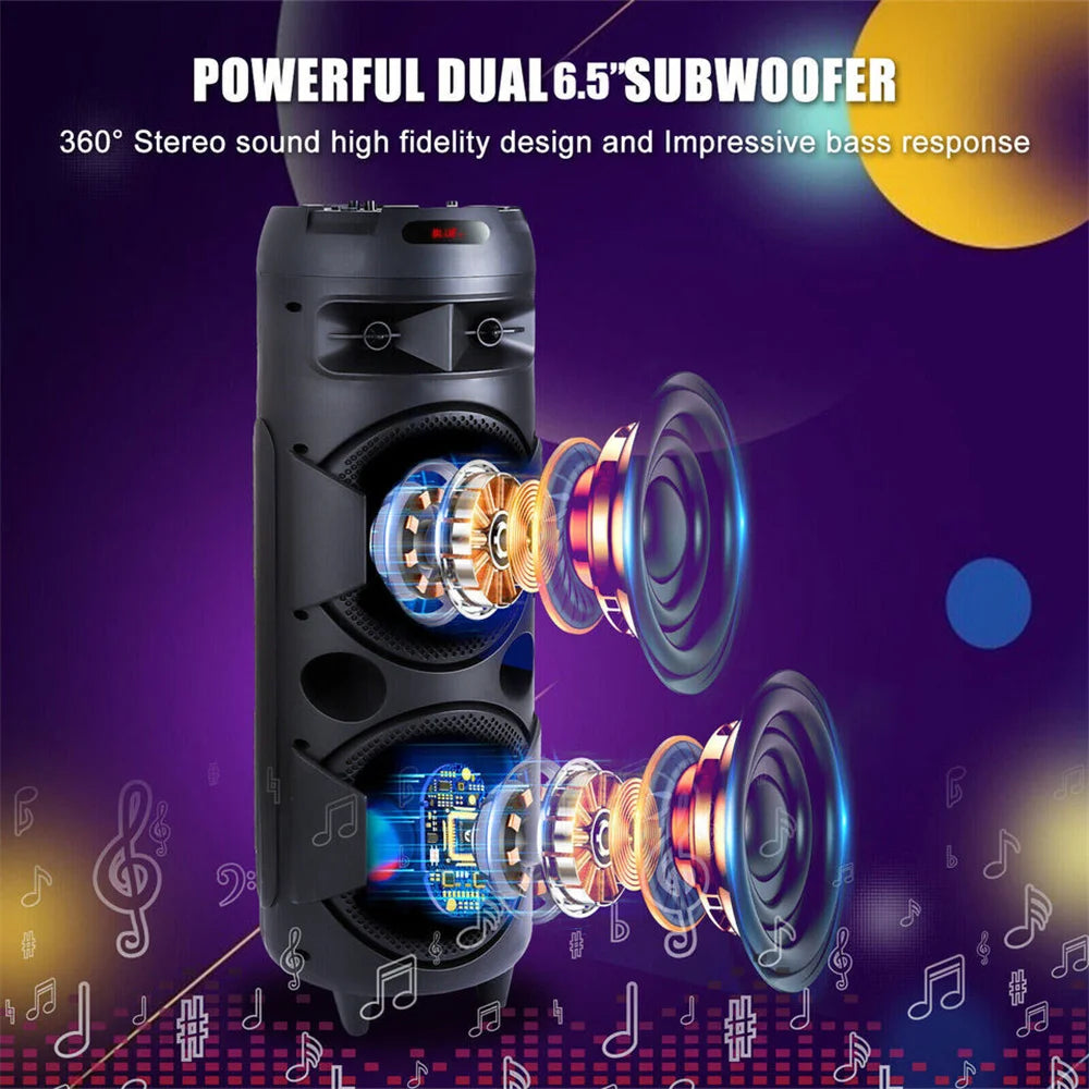 4000W Portable Bluetooth Speaker Dual 6.5" Woofer Sound System Party DJ With Microphone Remote Led Light TWS