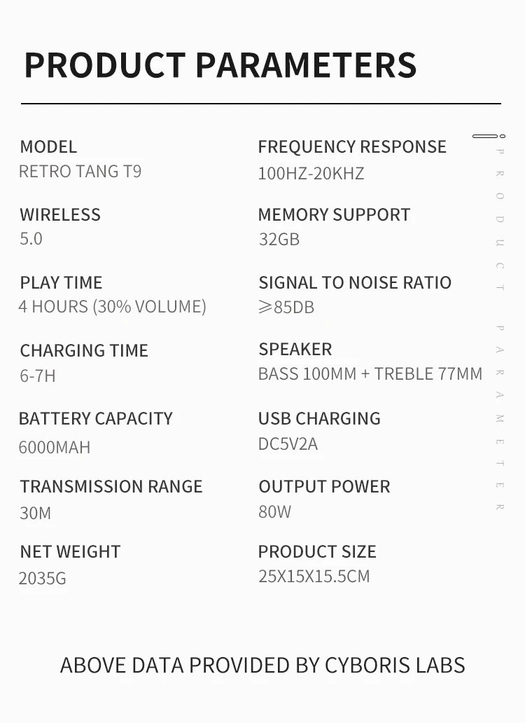 Tang T9 Retro Karaoke 80W Wireless Portable Speaker with Microphone Support AUX IN/TF/U card/Mic /Dual 6.35mm Aux Ports