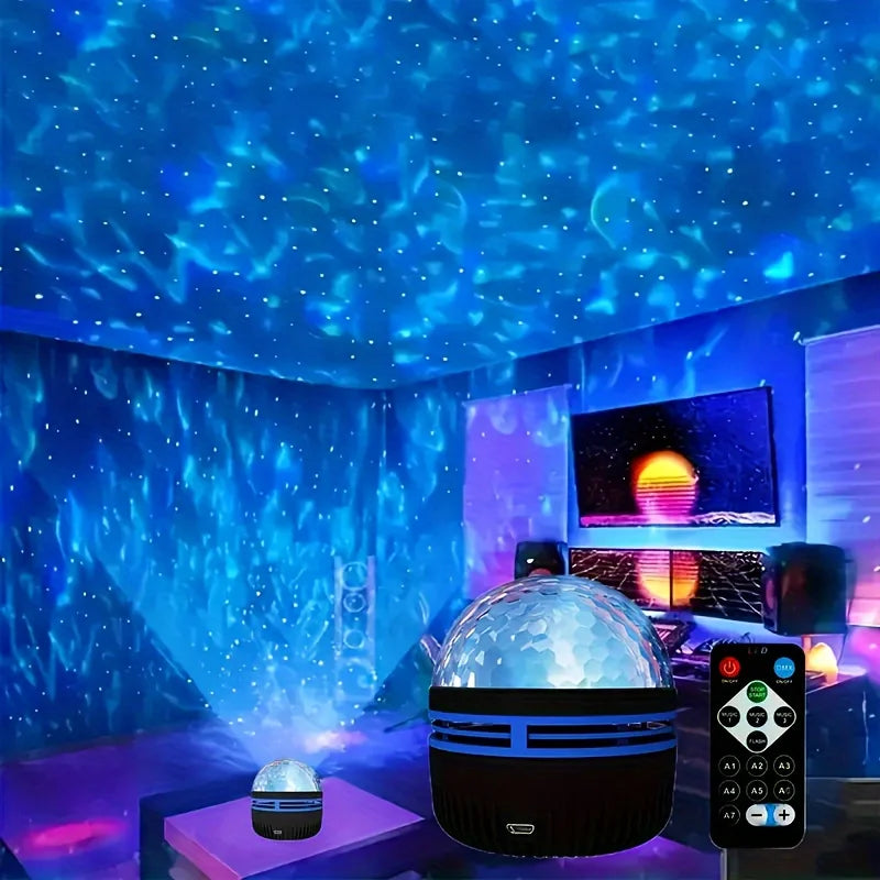 LED Starry Galaxy Ocean Wave Projector RGB Smart Remote Control Lamp KTV USB Christmas Lights Auto Rotate for Home Bedroom Decor
