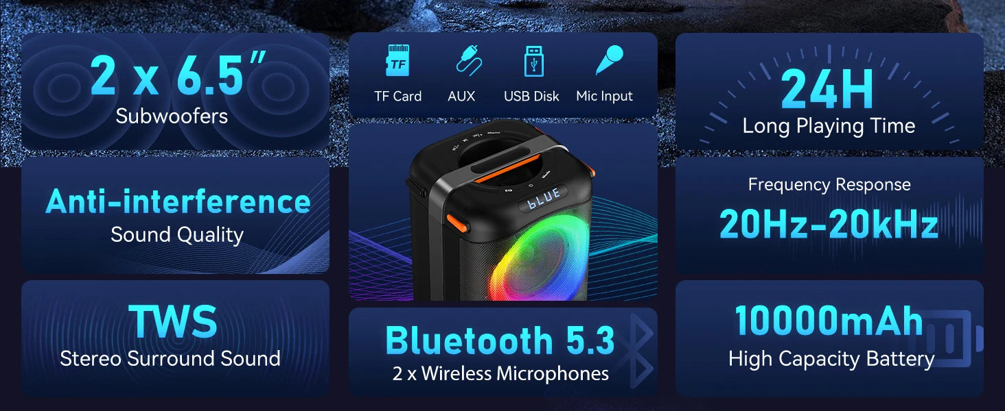T27 Wireless Bluetooth Speaker, Karaoke Machine with 2 Microphone, Home Karaoke Party Speaker with Led Light
