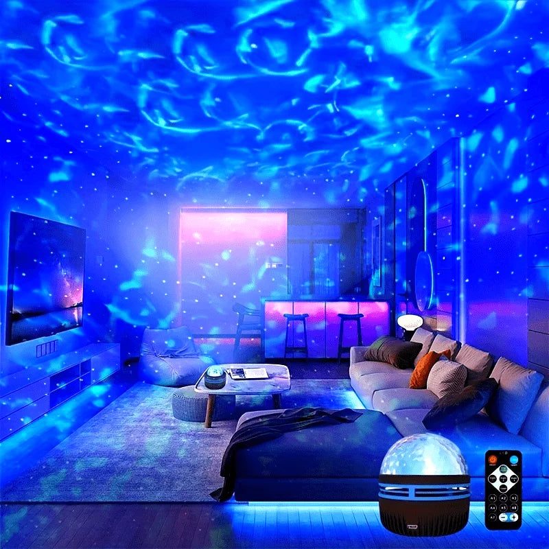 LED Starry Galaxy Ocean Wave Projector RGB Smart Remote Control Lamp KTV USB Christmas Lights Auto Rotate for Home Bedroom Decor