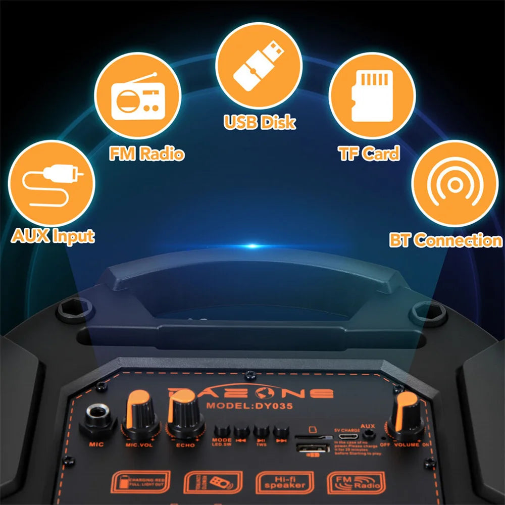 4000W Portable Bluetooth Speaker Dual 6.5" Woofer Sound System Party DJ With Microphone Remote Led Light TWS