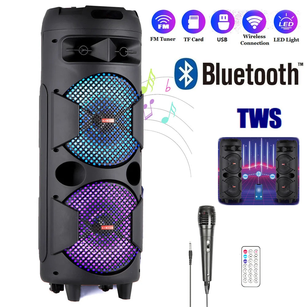4000W Portable Bluetooth Speaker Dual 6.5" Woofer Sound System Party DJ With Microphone Remote Led Light TWS