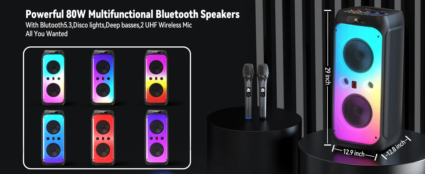 FanFun 500W Large Bluetooth Speaker, Wireless Speaker with LED Party Light, Karaoke Machine with 2 Microphones, Karaoke Speaker