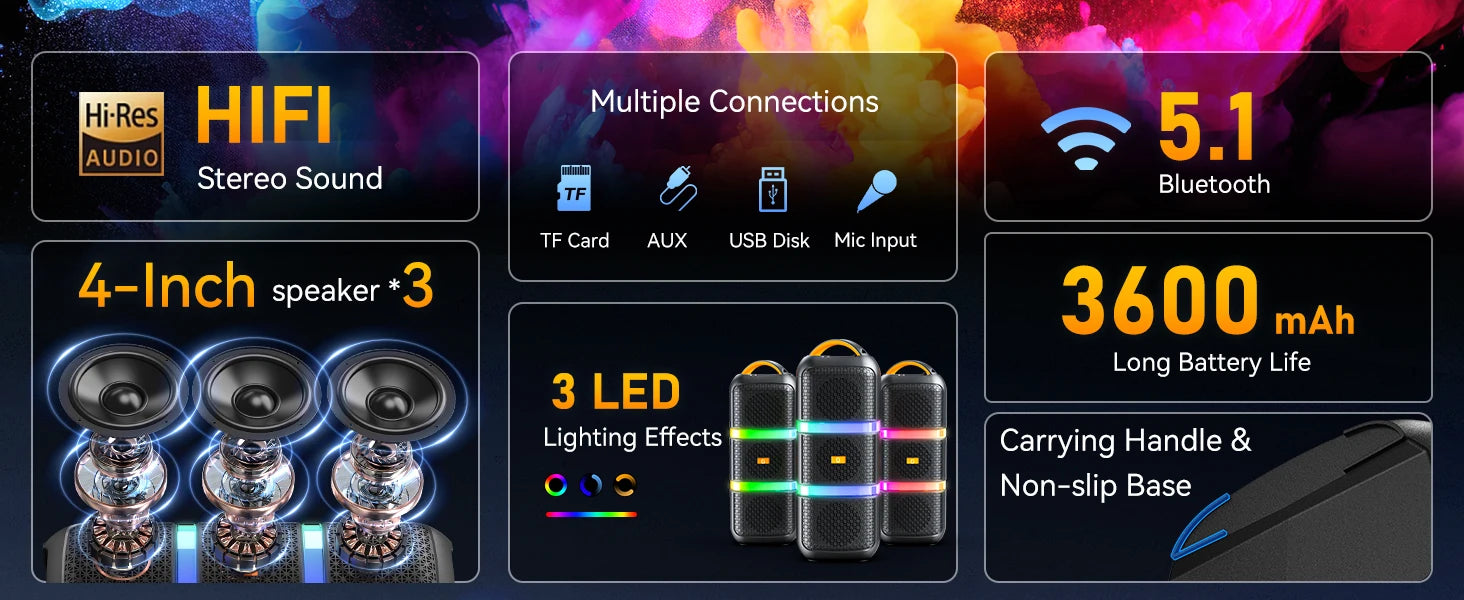 JYX Wireless Speaker, Portable Bluetooth Speaker, Karaoke Machine with 2 Microphone, LED Party Light