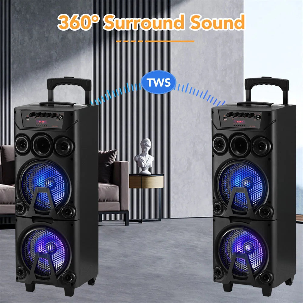 6000W Portable Bluetooth Speaker Heavy Bass Dual 8 " Subwoofer Sound System Party Led Light Rechargeable Outdoor  Speaker