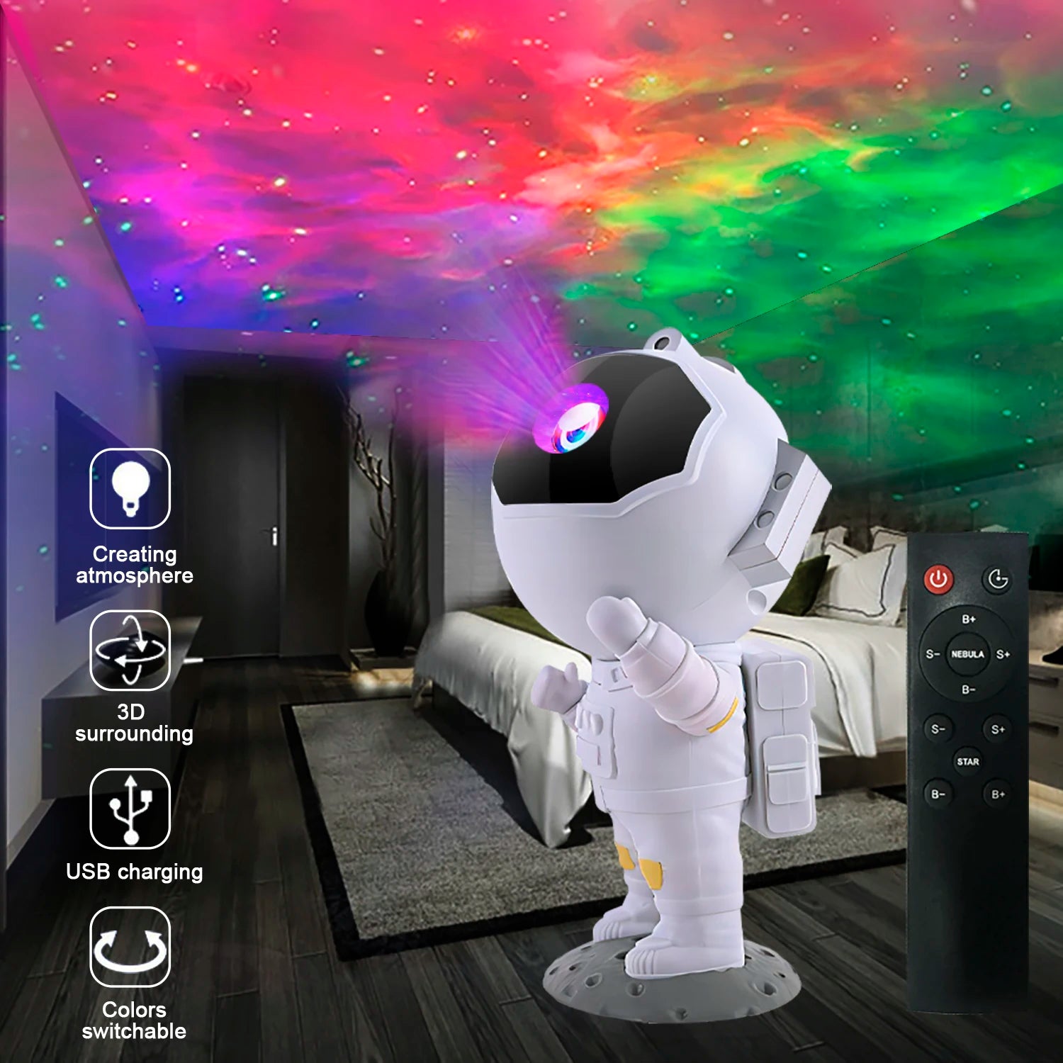 Astronaut Dynamic Starry Night Lamp Galaxy Northern Lights Projector Lamp With Remote Control Suitable For Children's Bedroom
