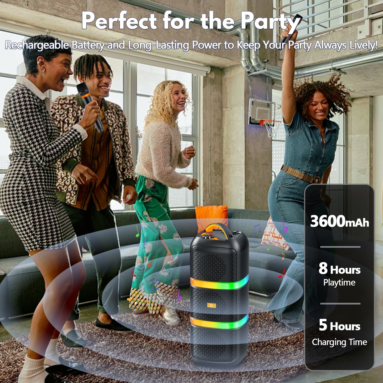 JYX Wireless Speaker, Portable Bluetooth Speaker, Karaoke Machine with 2 Microphone, LED Party Light