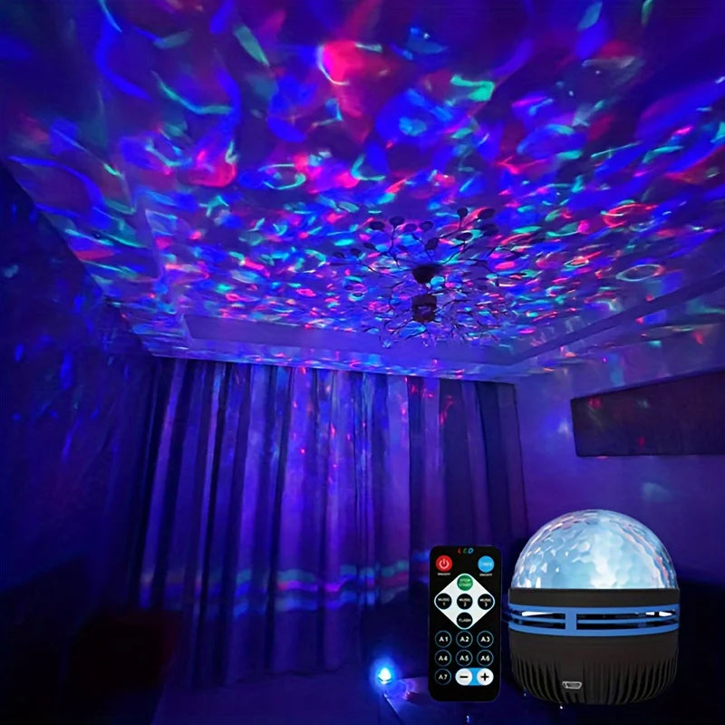 LED Starry Galaxy Ocean Wave Projector RGB Smart Remote Control Lamp KTV USB Christmas Lights Auto Rotate for Home Bedroom Decor