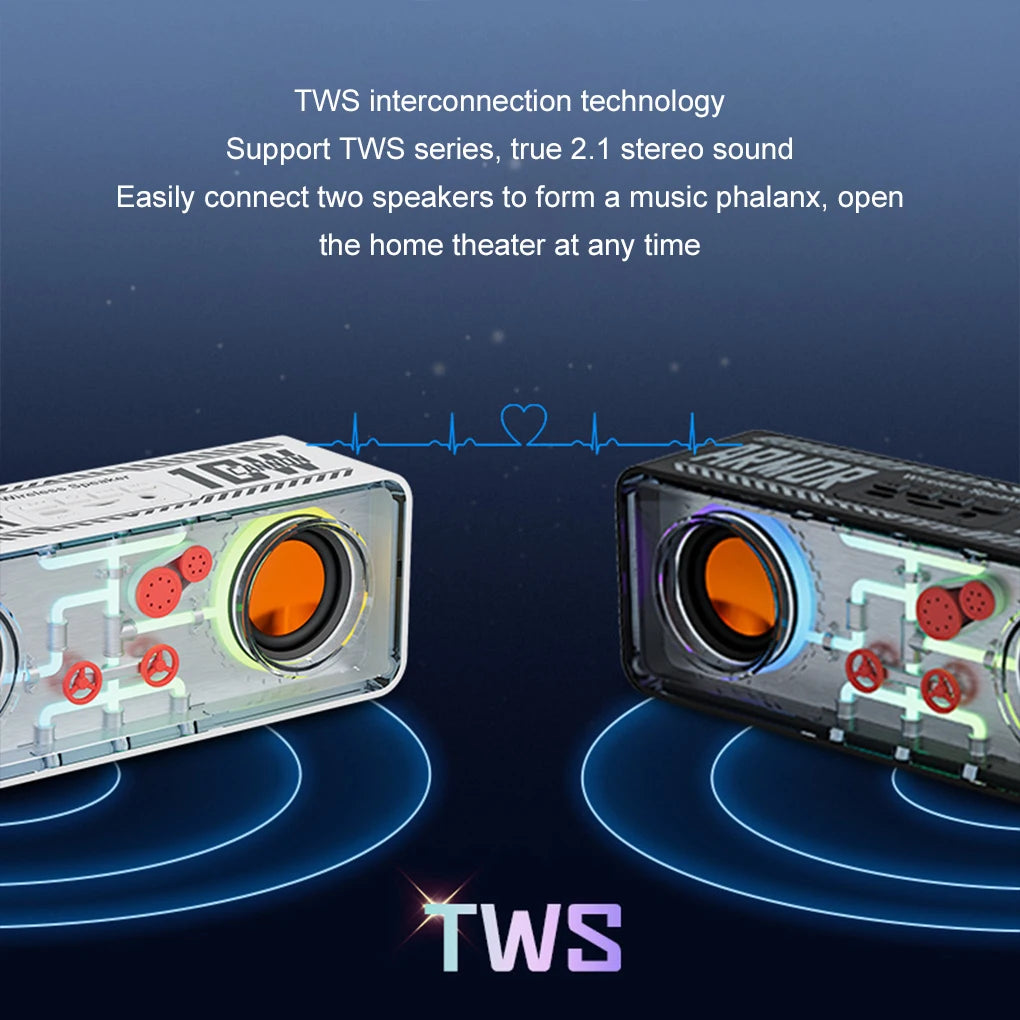 V8 Transparent Mecha Speakers Bluetooth 5.0 Wireless Double Bass Diaphragm Subwoofer Music TWS RGB Light Mini Party Loudspeaker