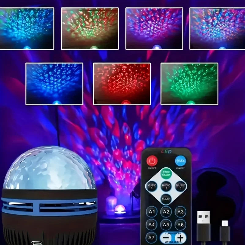 LED Starry Galaxy Ocean Wave Projector RGB Smart Remote Control Lamp KTV USB Christmas Lights Auto Rotate for Home Bedroom Decor