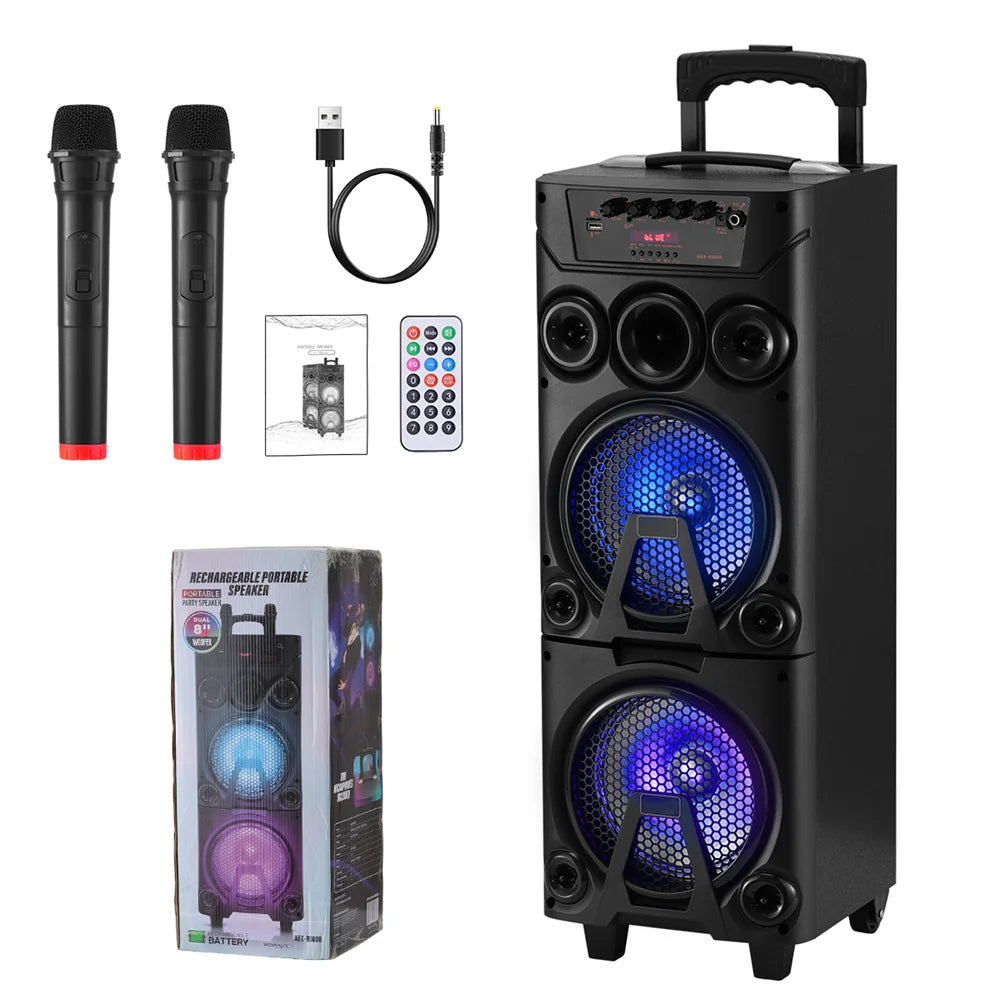 6000W Portable Bluetooth Speaker Heavy Bass Dual 8 " Subwoofer Sound System Party Led Light Rechargeable Outdoor  Speaker